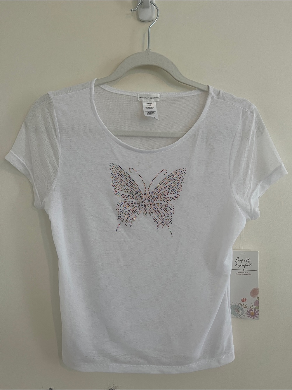 Perfectly Imperfect Mesh Top Rhinestone Butterfly Fairy Y2K Rave Festival White